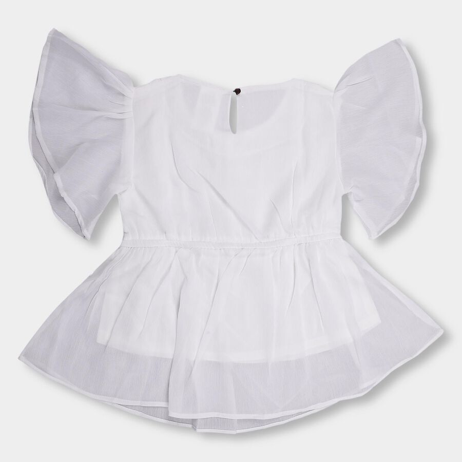 Girls' White Round Neck Ruffled T-Shirt, सफ़ेद, large image number null