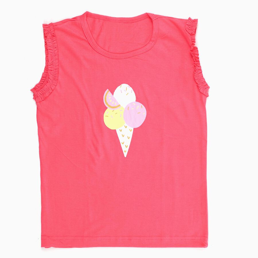 Girls Bright Coral Pink Cotton Round Neck Casual Sleeveless T-Shirt, Pink, large image number null