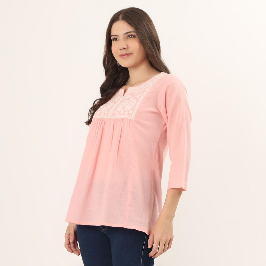 Women's Pink Cotton Round Neck Floral Printed Kurti, Light Pink, large