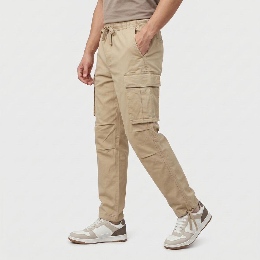 Men's Beige Slim Fit Cargo Trousers, Beige, large