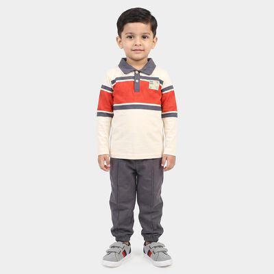 Boys' Off White Cotton Polo Neck Colorblocked Baba Suit