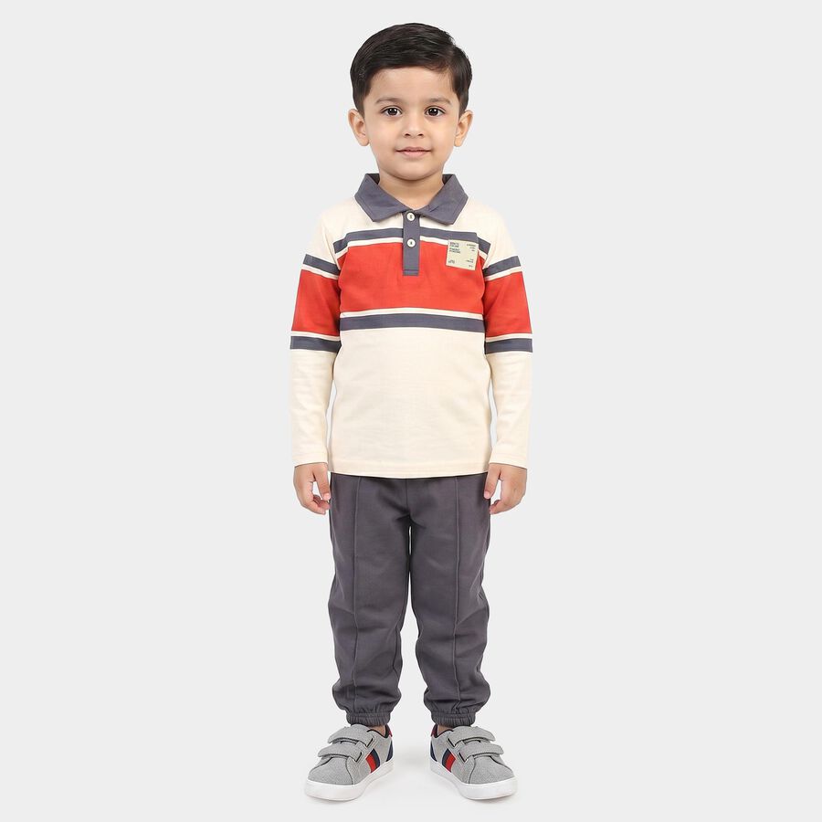 Boys' Off White Cotton Polo Neck Colorblocked Baba Suit, ऑफ व्हाइट, large