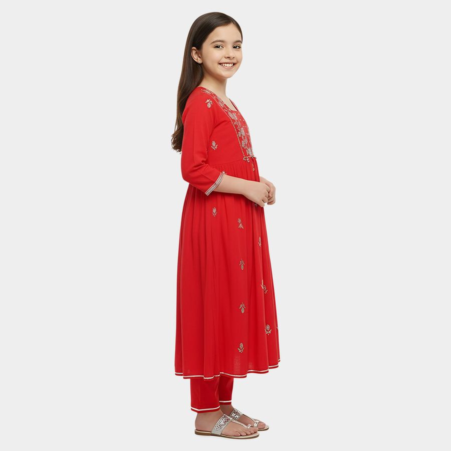 Girls' Fuchsia Square Neck Embroidered Peplum Top and Tiered Skirt Fusion Set, रानी (फ्यूशिया), large