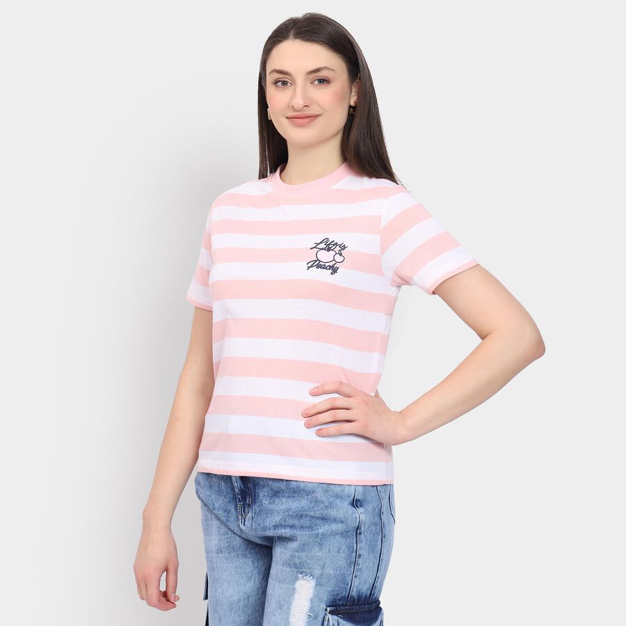 Ladies'  Stripes Round Neck T-Shirt, पीच, large