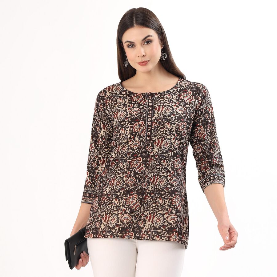 Women's Black Cotton Round Neck Straight Kurti, Black, large