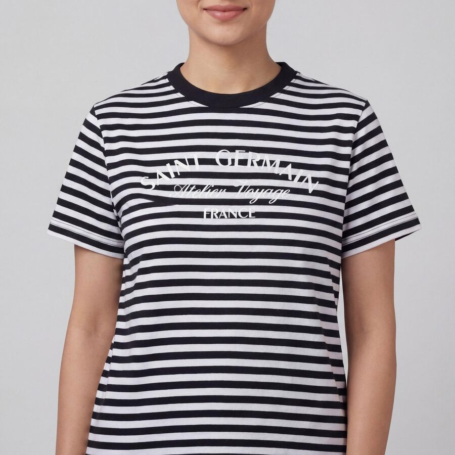 Women's Black Round Neck Casual T-Shirt, काला, large