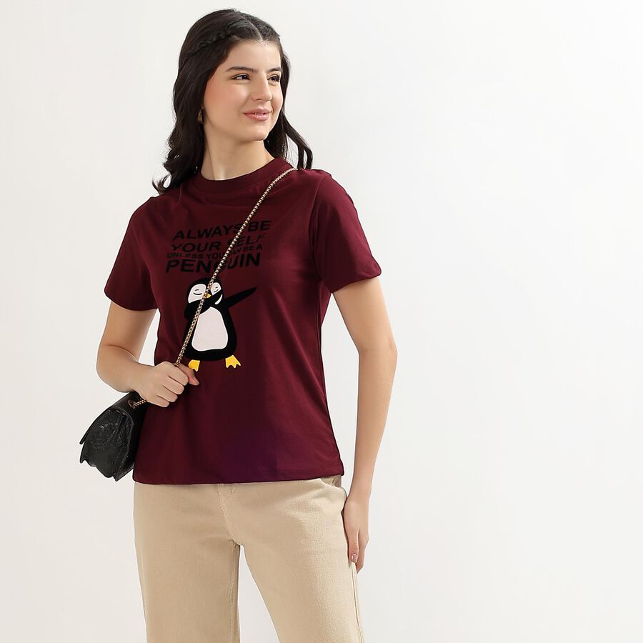 Women's Deep Maroon Round Neck Graphic Print T-Shirt, Wine, large image number null