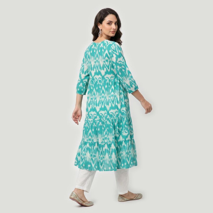 Women's Aqua Cotton V-Neck Printed Kurta, एक्वा, large