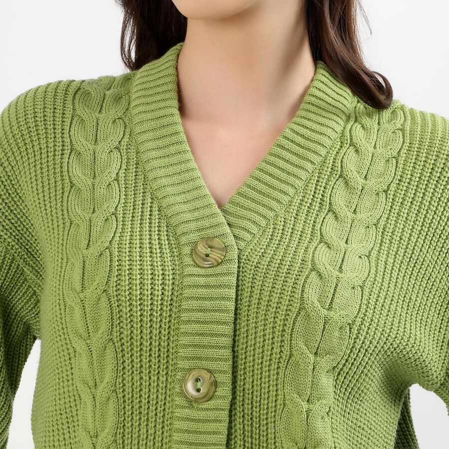 Women's Light Sage Green V-Neck Casual Cardigan, हल्का हरा, large image number null