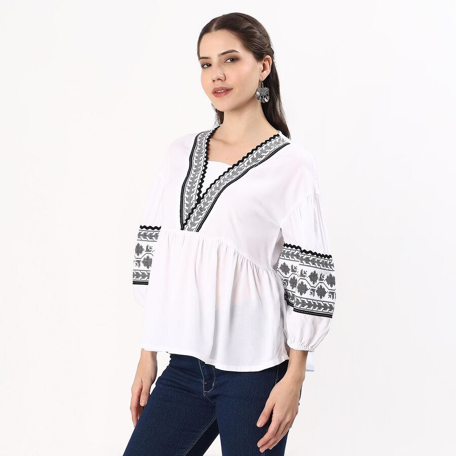 Women's Snow White Embroidered V Neck Bohemian Shirt, White, large