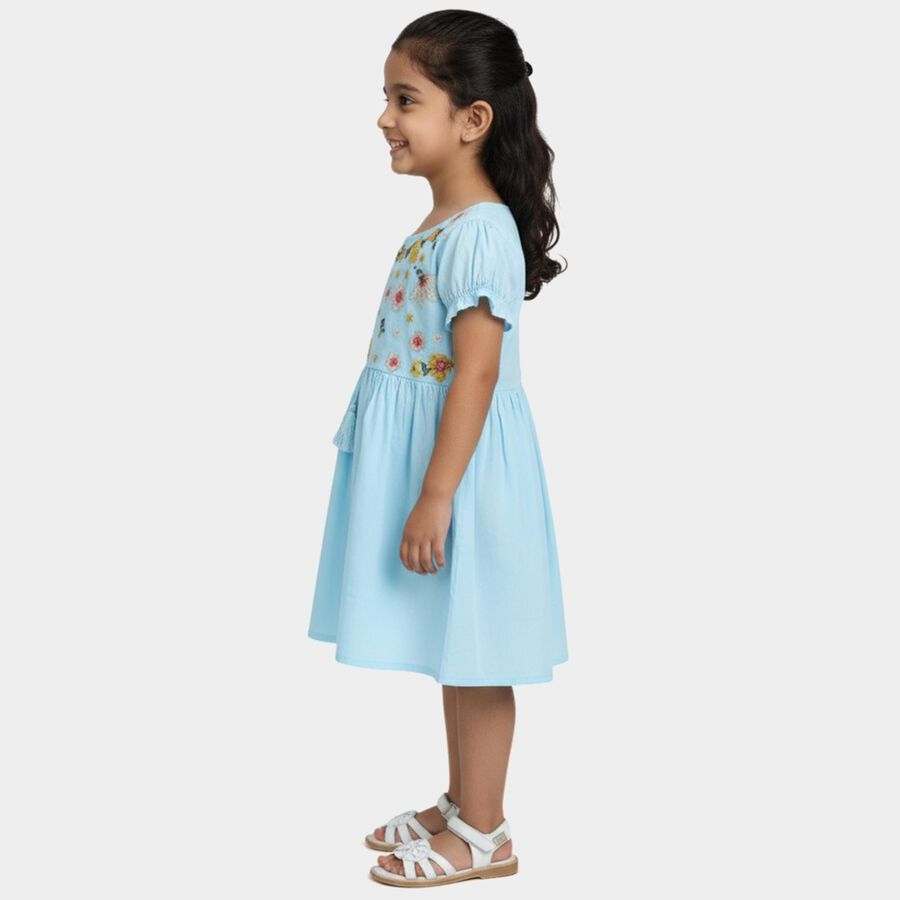 Girls' Blue Regular Fit Embroidered Frock, Aqua, large