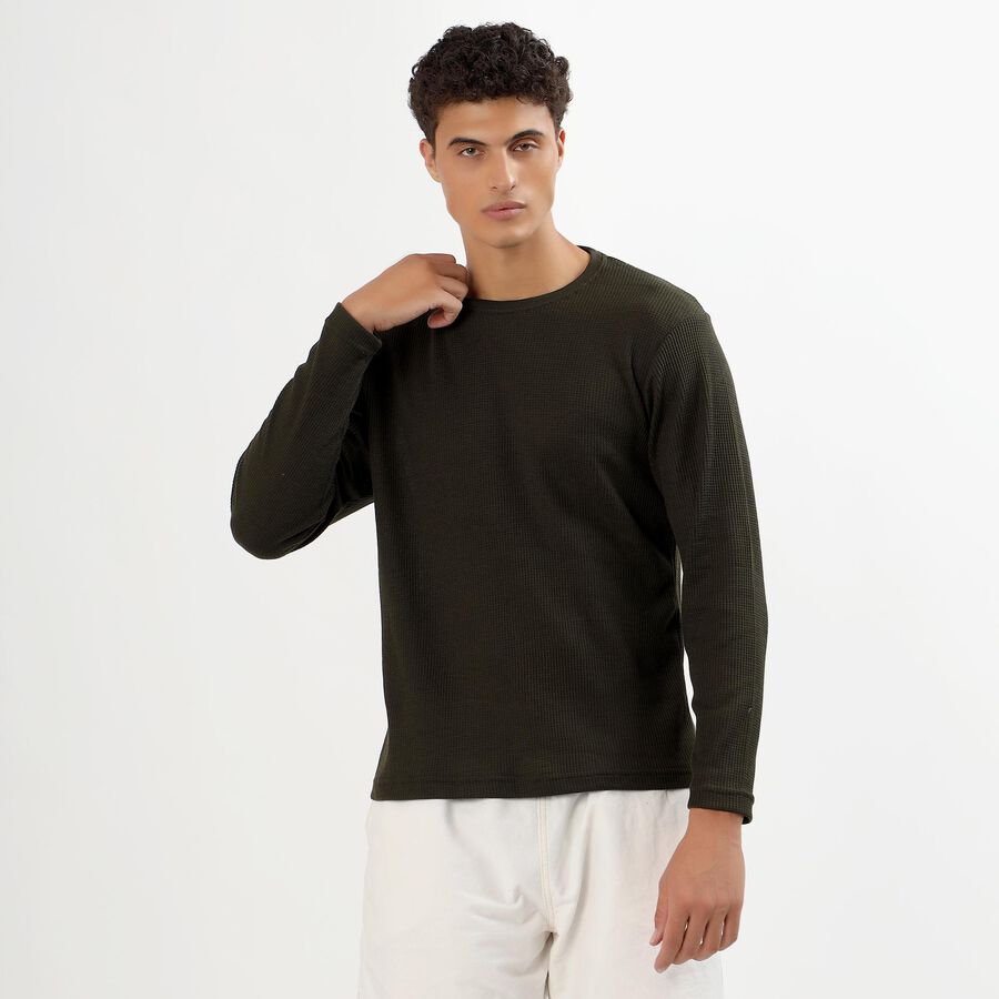 Men's Dark Olive Green Crew Neck Casual Full Sleeve T-Shirt , खाकी, large image number null