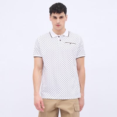 Men's Rich Eggshell White Cotton Polo Neck Printed T-Shirt