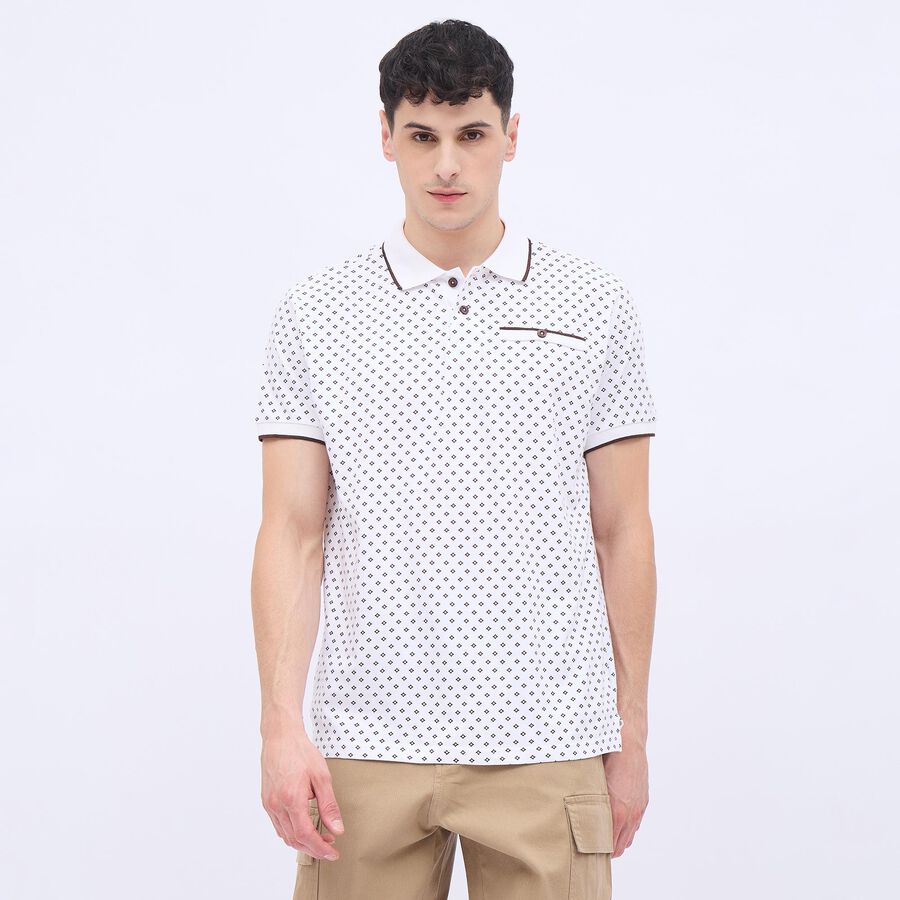 Men's Rich Eggshell White Cotton Polo Neck Printed T-Shirt, White, large image number null
