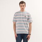 Men's White Round Neck Striped T-Shirt, White, small