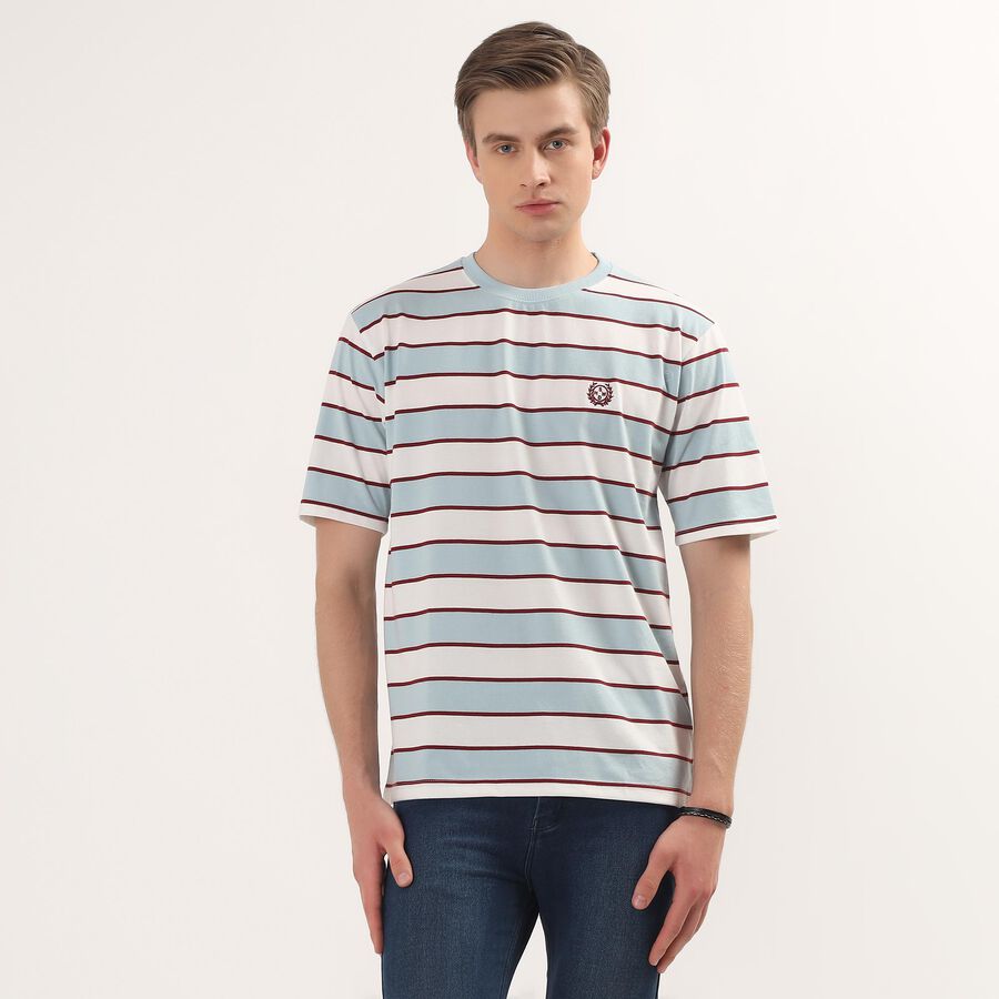 Men's White Round Neck Striped T-Shirt, White, large