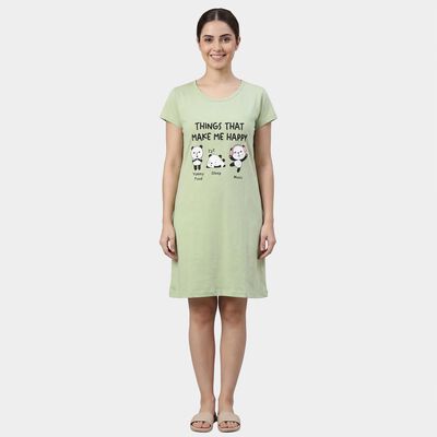 Women's Light Green V-Neck Floral Print Nighty