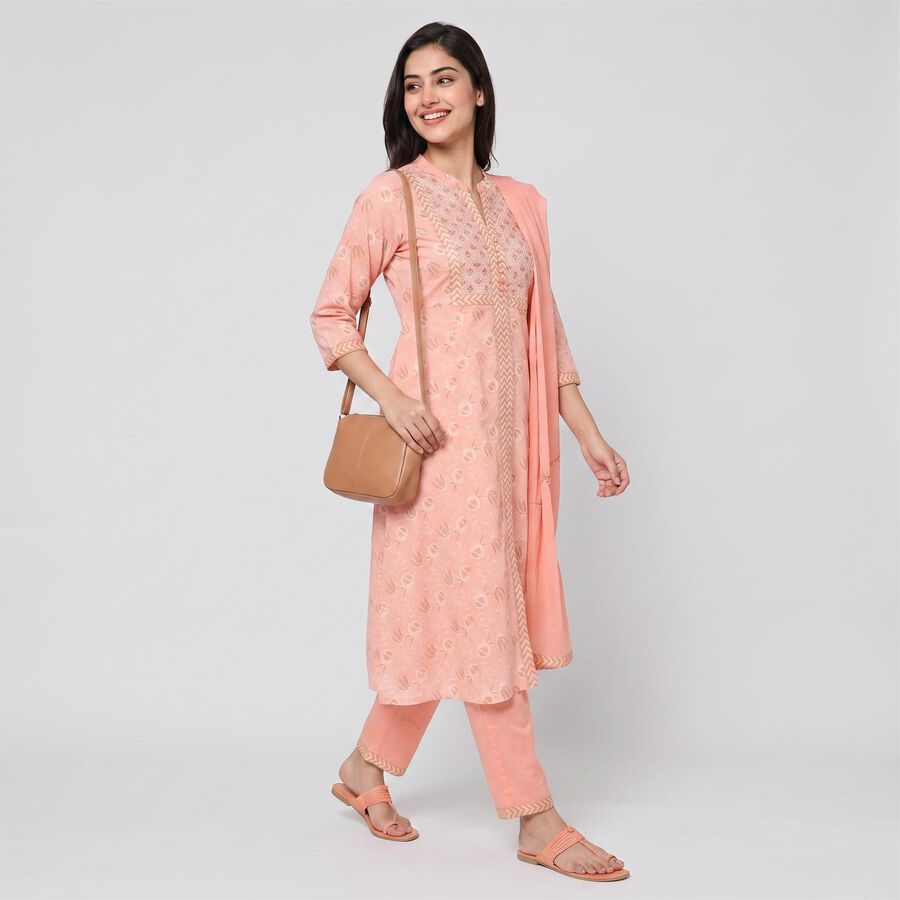 Women's Light Pink Cotton Mandarin Collar Printed Straight Kurta, हल्का गुलाबी, large