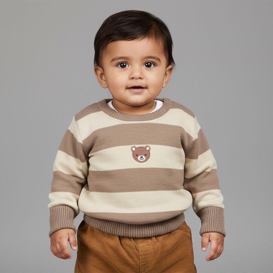 Infants Beige and Cream Crew Neck Striped Pullover, गहरा पीला, large image number null