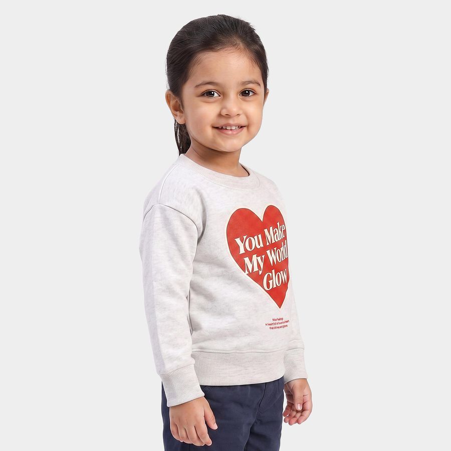 Girls' Ecru Melange Crew Neck Graphic Print Sweatshirt, Ecru Melange, large
