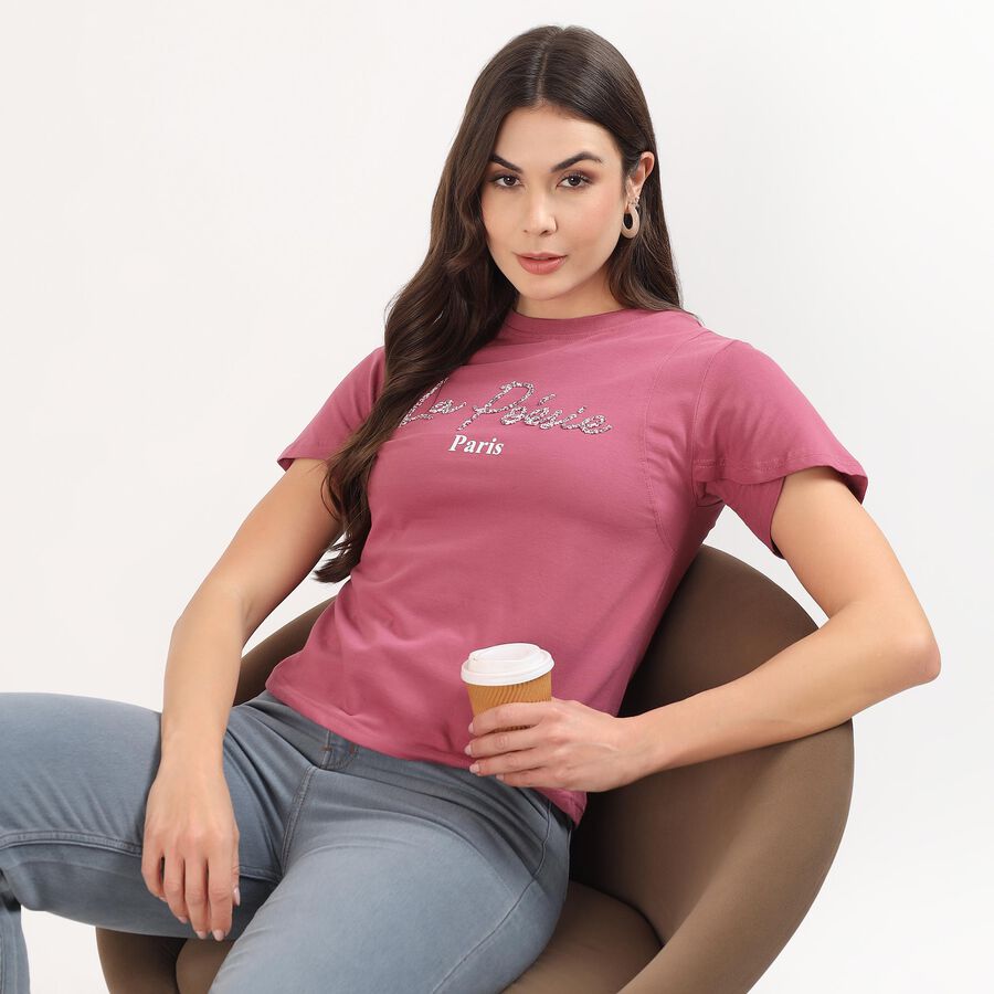 Women's Bright Purple Cotton Round Neck Casual T-Shirt, बैंगनी, large