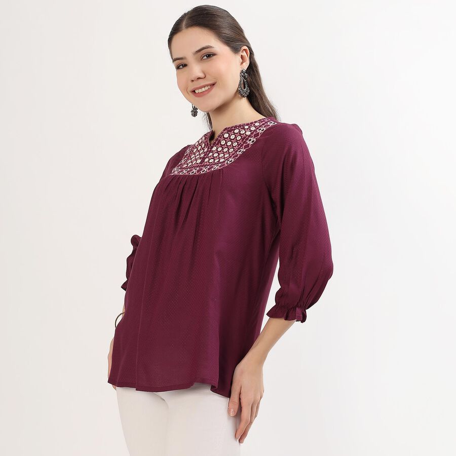 Women's Deep Wine Red Round Neck Embroidered Kurti, Wine, large image number null