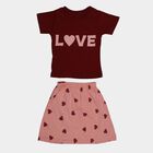 Girls' Maroon Short Sleeve Top and Pink Heart Print Skirt Set, Maroon, small