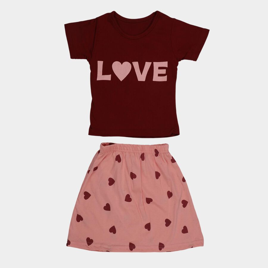 Girls' Maroon Short Sleeve Top and Pink Heart Print Skirt Set, Maroon, large