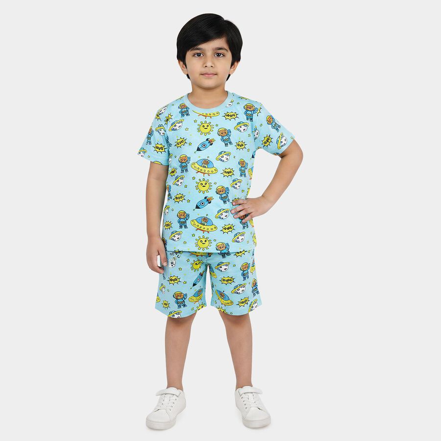 Boys Light Blue Cotton Round Neck Printed Night Suit, हल्का नीला, large