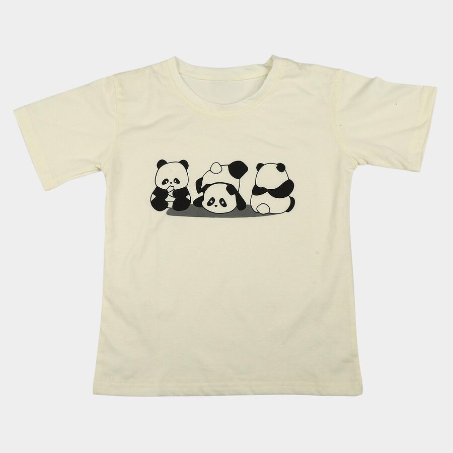 Girls White Round Neck Casual T-Shirt, ऑफ व्हाइट, large