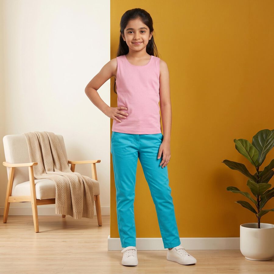 Girls Pink Cotton Round Neck Sleeveless Vest, गुलाबी, large