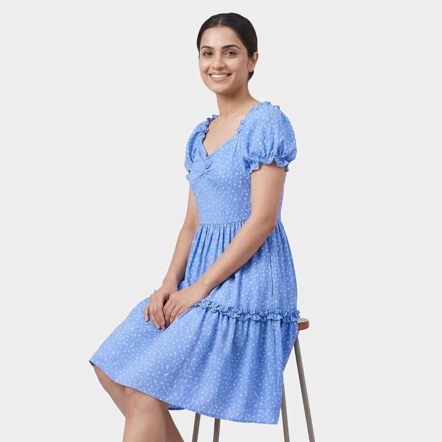 Women's Light Blue V-Neck Floral Tiered Dress, Light Blue, large