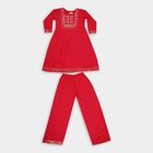 Girls' Bright Cherry Red Embroidered Kurta and Pant Fusion Set, Fuchsia, small