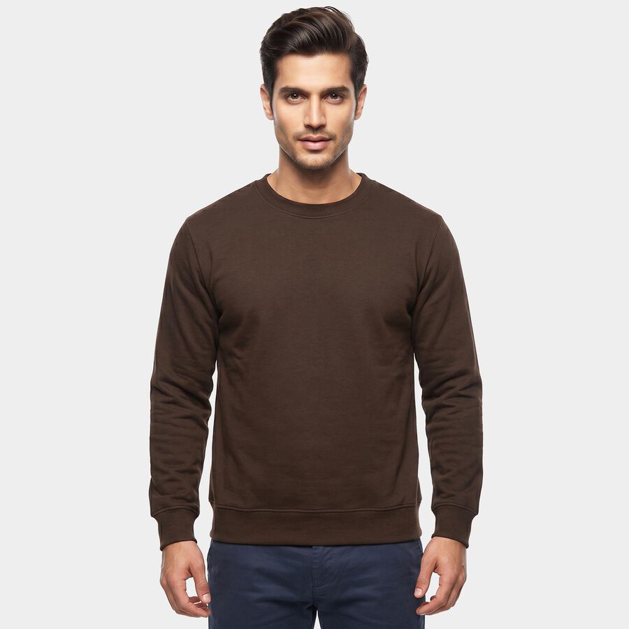 Men's Brown Crew Neck Pullover Sweatshirt, Brown, large