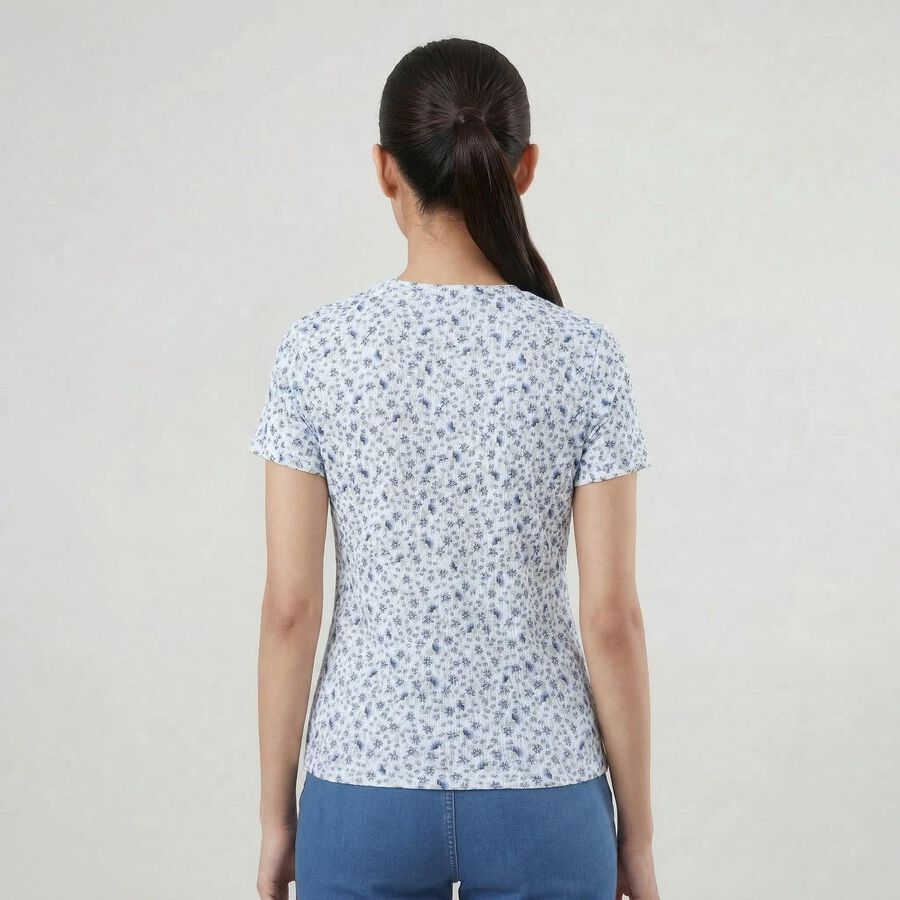 Women's Blue Cotton Blend Round Neck Casual T-Shirt, Blue, large