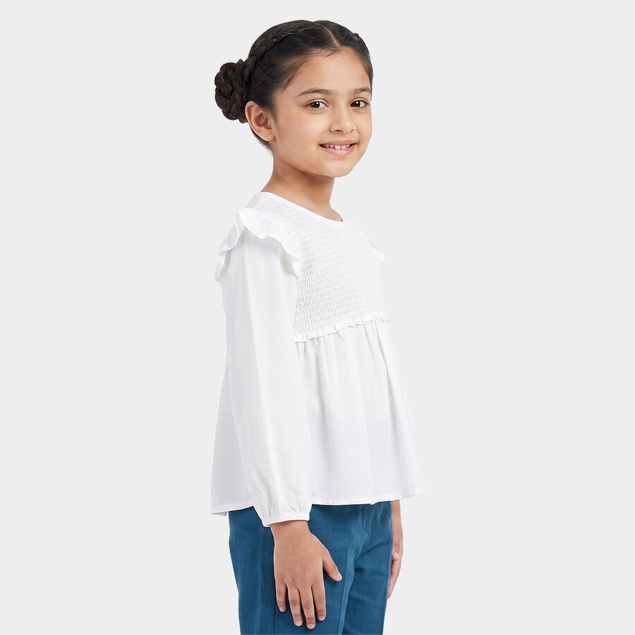 Girls' White Round Neck Regular Top, सफ़ेद, large
