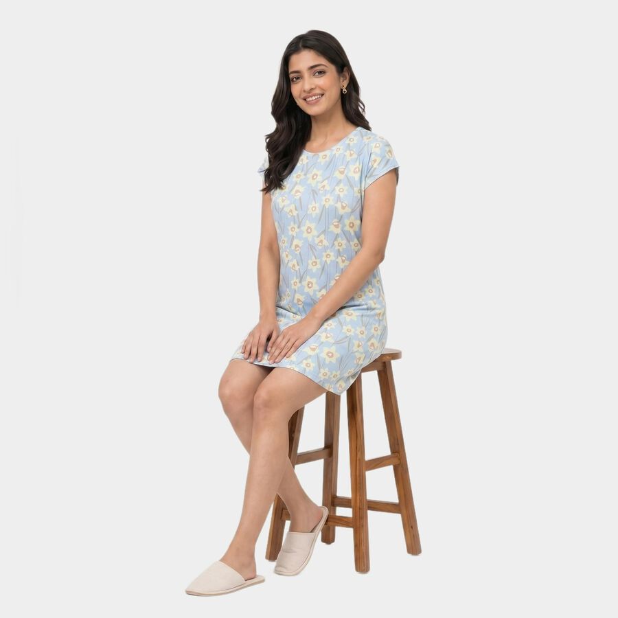 Women's Light Blue Round Neck T-Shirt Style Nighty, हल्का नीला, large
