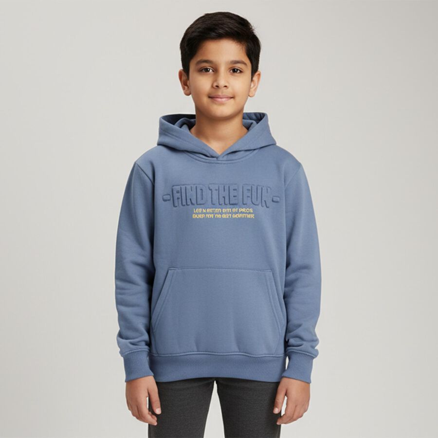 Boys Muted Steel Blue Hooded Neck Casual Sweatshirt, Mid Blue, large image number null