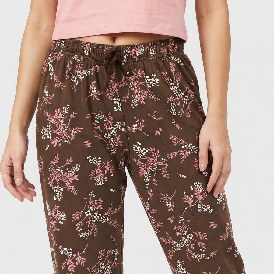 Women's Brown Straight Fit Floral Printed Cotton Blend Pyjama, भूरा, large