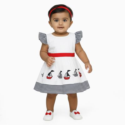 Infants' White Cotton Nautical Print Flutter Sleeve Frock