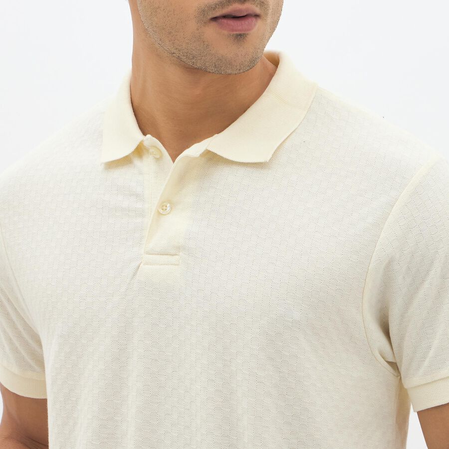 Men's Eggshell White Polo Neck Textured T-Shirt, ऑफ व्हाइट, large image number null