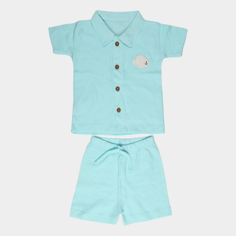 Infants' Aqua 100% Cotton Collar Textured Baba Suit, Aqua, large