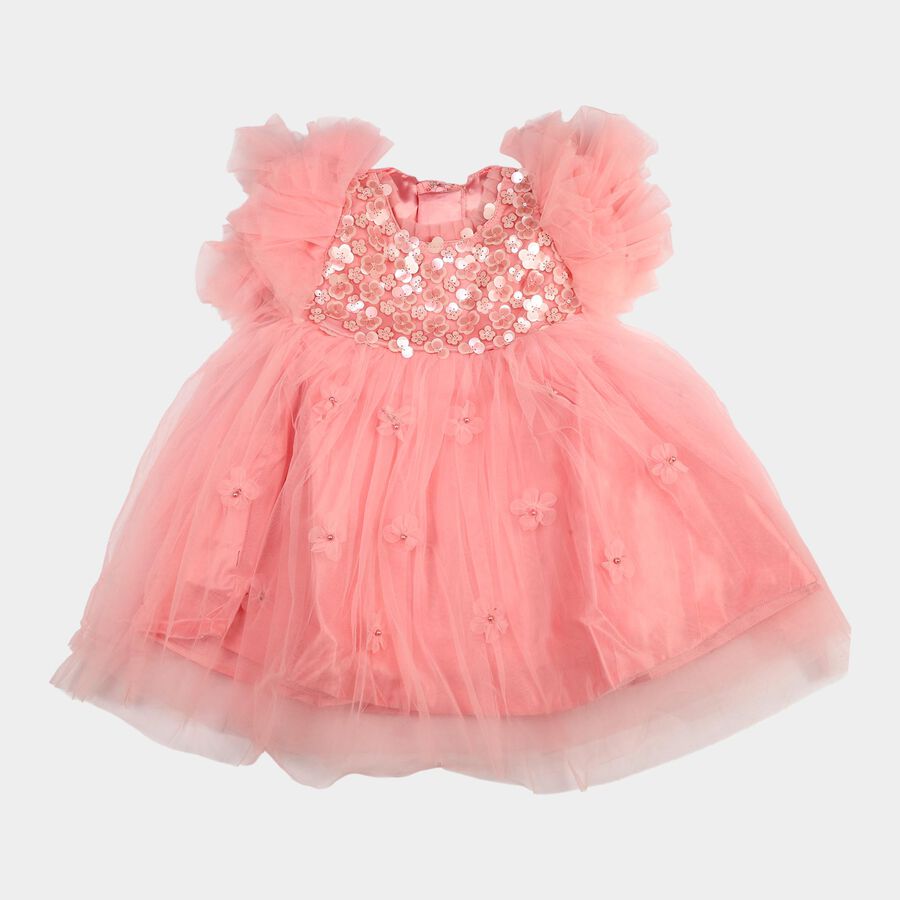 Girls' Light Pink Fit and Flare Sequin Applique Party Wear Frock, Light Pink, large