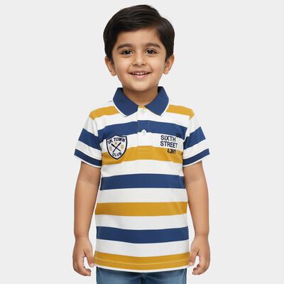 Boys' Mustard Yellow and Navy Blue Polo Neck Striped T-Shirt