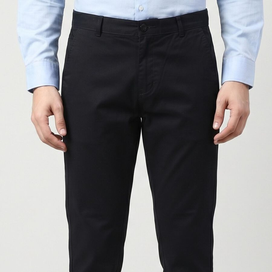 Men's Navy Blue Slim Fit Casual Trousers, Navy Blue, large