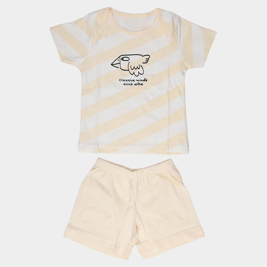 Infants' Beige Cotton Polo Neck Printed Baba Suit, गहरा पीला, large