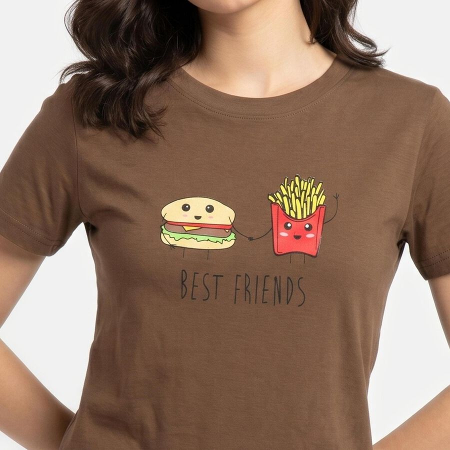 Women's Brown Cotton Round Neck Regular T-Shirt, Brown, large