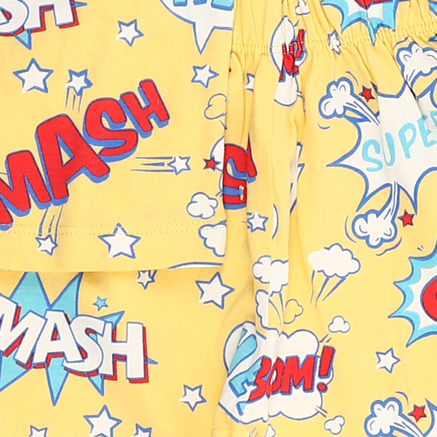 Boys Bright Yellow Cotton Round Neck Printed Night Suit, पीला, large image number null