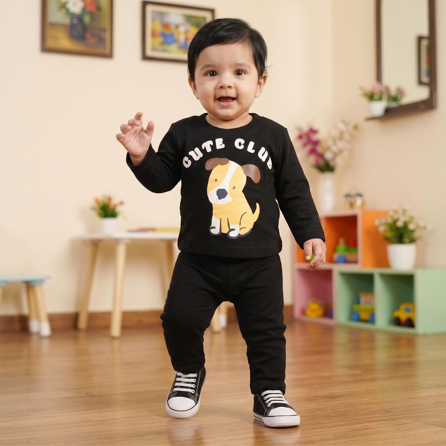Infants' Black Round Neck Graphic Baba Suit, Black, large