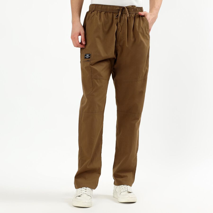 Men's Warm Camel Brown Relaxed Fit Cargo Track Pants, Khaki, large image number null